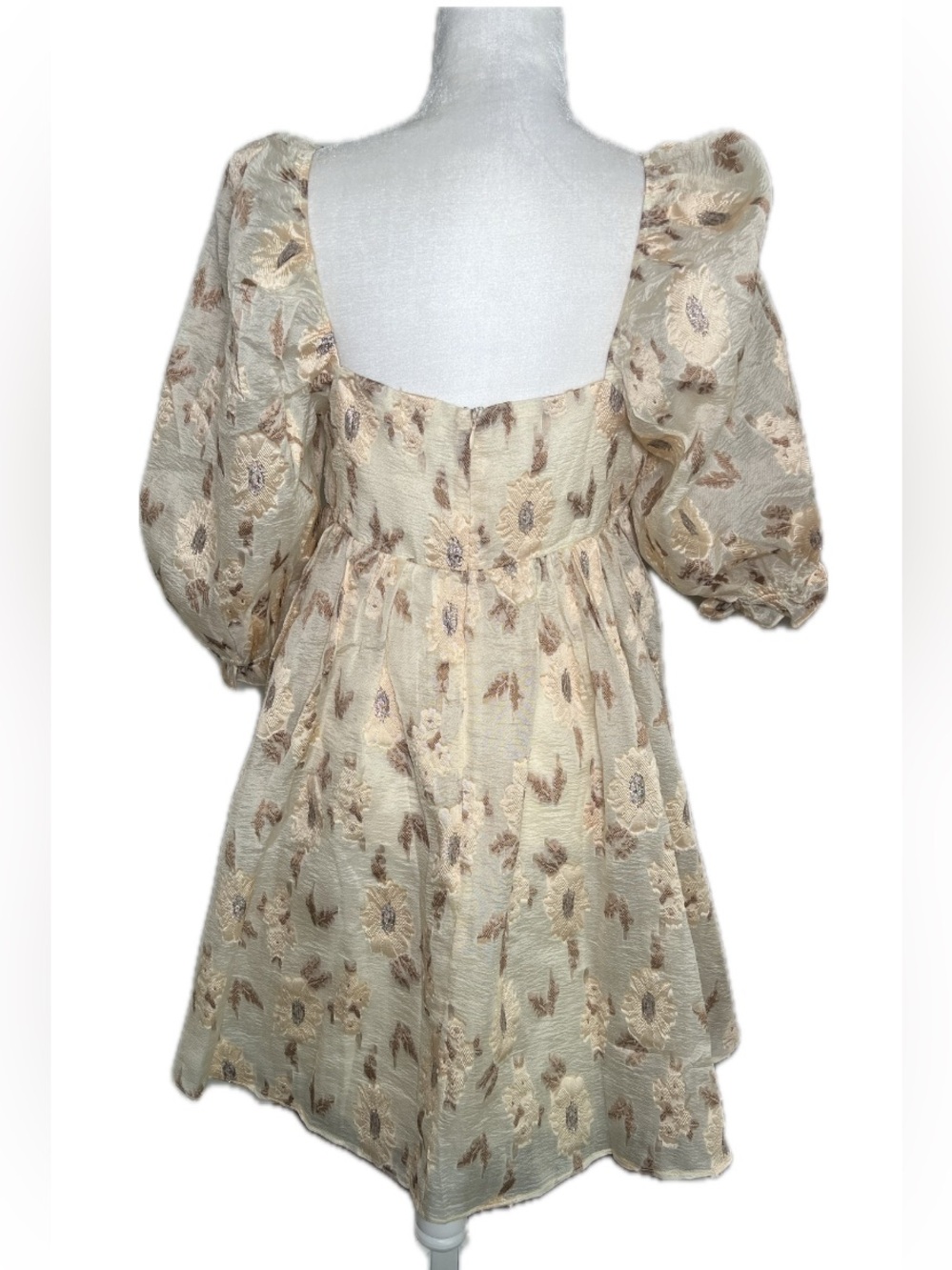 Storia Golden Floral Square Neck Puff Sleeve Mini Babydoll Dress L Large - Picture 5 of 10